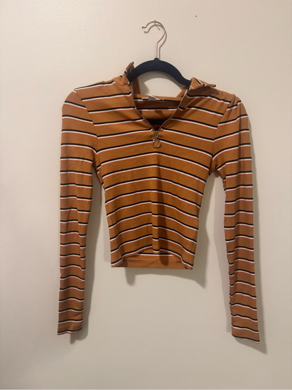 Topshop Striped Zip-Collar Long Sleeve Tee in Camel and Black